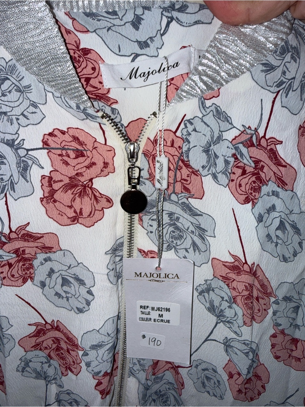 Majolica Ecru Floral Zip-Front Hoodie with Pink & Gray Roses